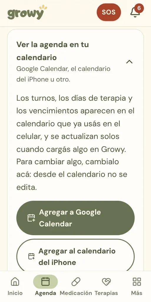 Botones para agregar la agenda a Google Calendar o al calendario del iPhone