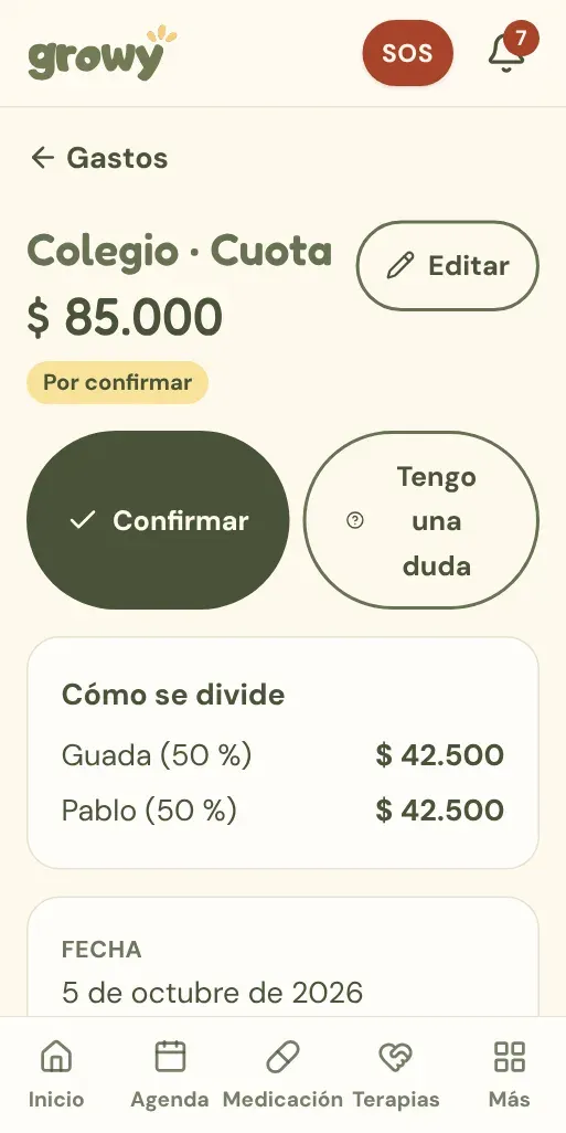Ficha de un gasto con los botones Confirmar y Tengo una duda