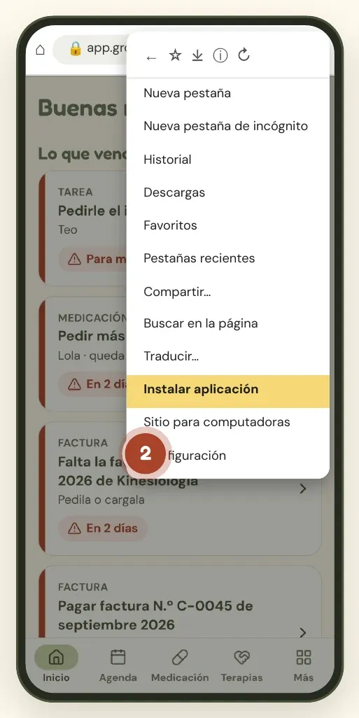 Menú de Chrome con la opción Instalar aplicación resaltada