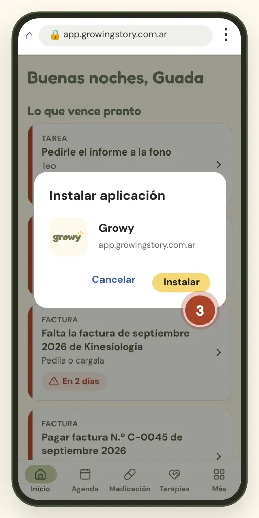 Cartel de Chrome para confirmar la instalación de Growy