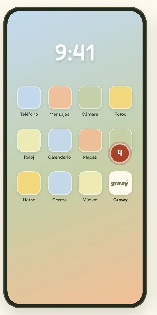 Pantalla de inicio de un celular con el ícono de Growy