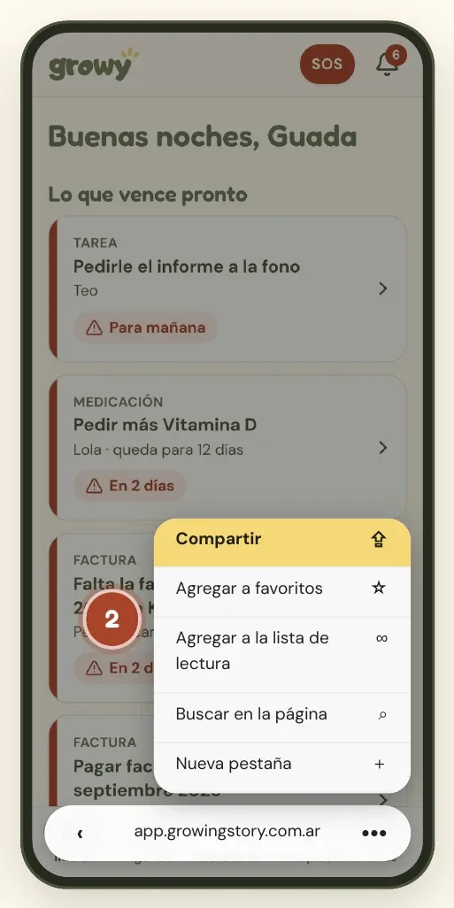 Menú de Safari con la opción Compartir