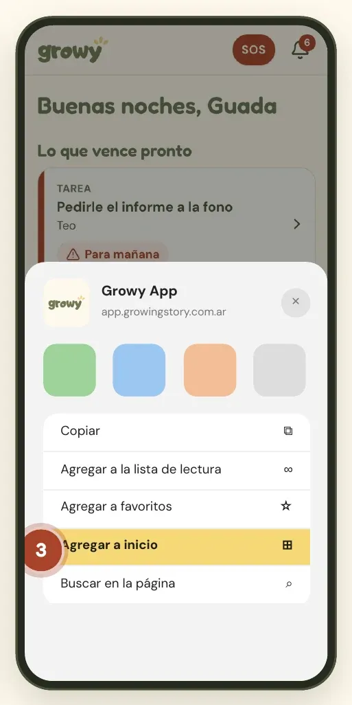 Hoja de compartir de iPhone con Agregar a inicio resaltado