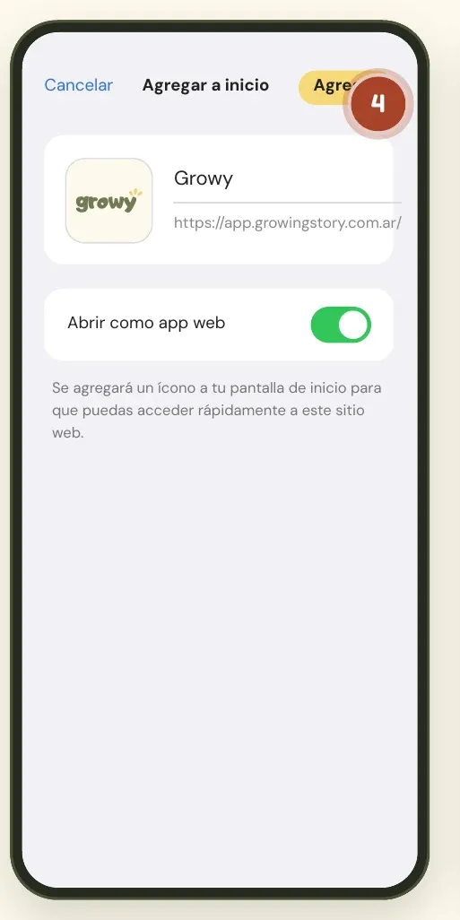 Pantalla Agregar a inicio de iPhone con Abrir como app web activado