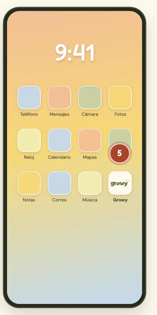 Pantalla de inicio de iPhone con el ícono de Growy
