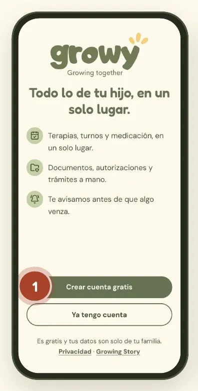 Pantalla de bienvenida de Growy con el botón Crear cuenta gratis