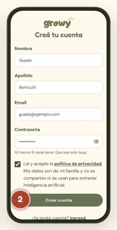 Formulario Creá tu cuenta de Growy