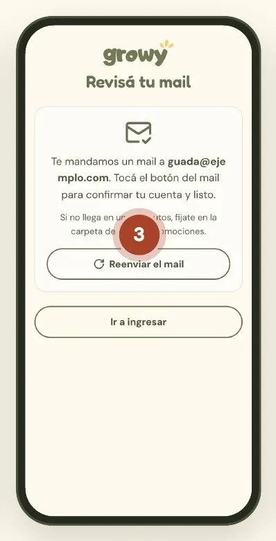 Pantalla Revisá tu mail con el botón Reenviar el mail