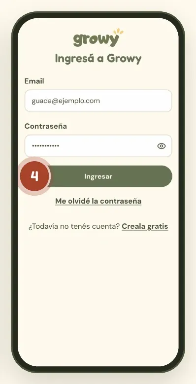 Pantalla Ingresá a Growy con email y contraseña