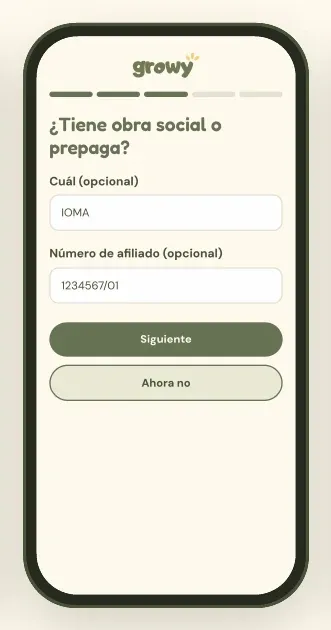 Primer ingreso: obra social o prepaga y número de afiliado