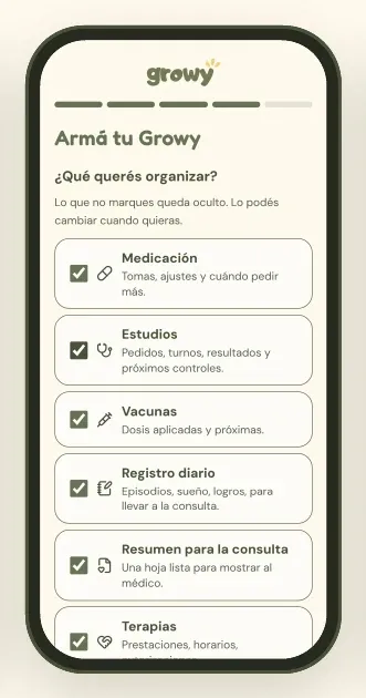 Primer ingreso: lista de secciones para elegir