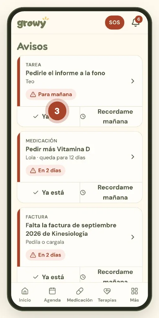 Pantalla Avisos con los botones Ya está y Recordame mañana