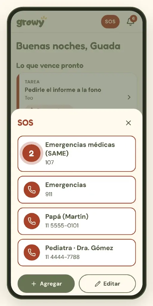 Panel SOS con la lista de teléfonos de emergencia
