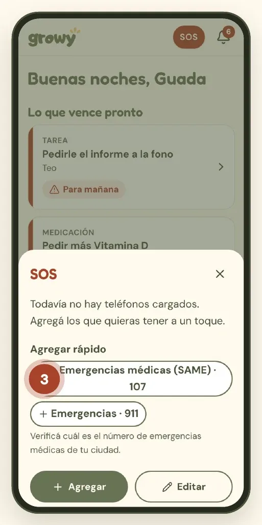 Panel SOS vacío con los botones de Agregar rápido