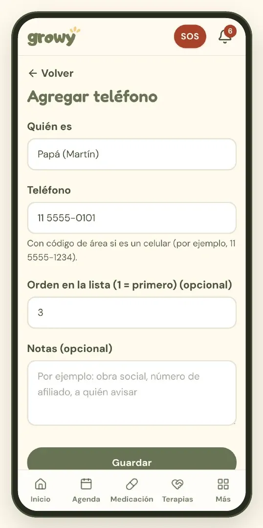 Formulario Agregar teléfono de emergencia