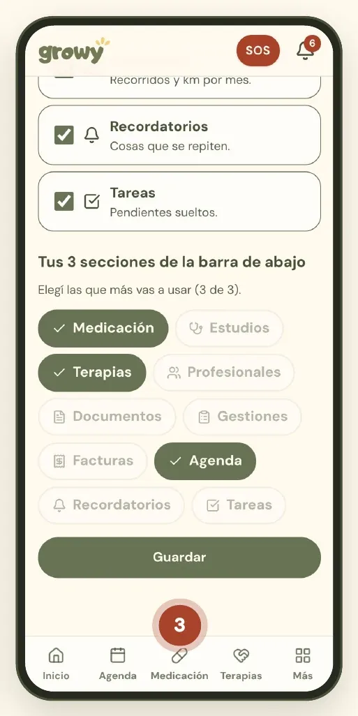 Elección de las tres secciones de la barra de abajo