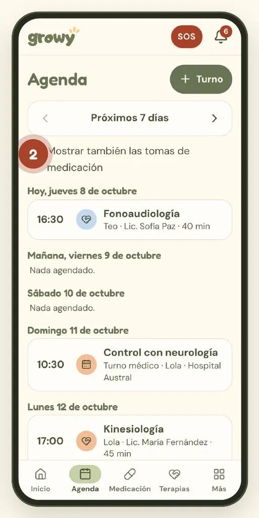 Agenda con la opción Mostrar también las tomas de medicación