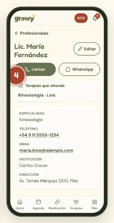 Ficha de una profesional con los botones Llamar y WhatsApp