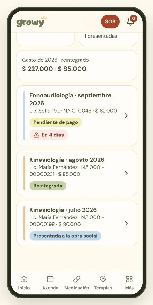 Totales a pagar, reintegros y facturas con su estado