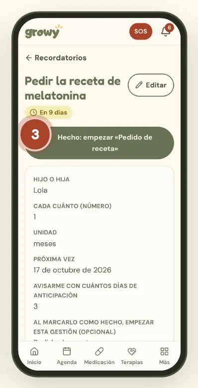 Ficha de un recordatorio con el botón Hecho