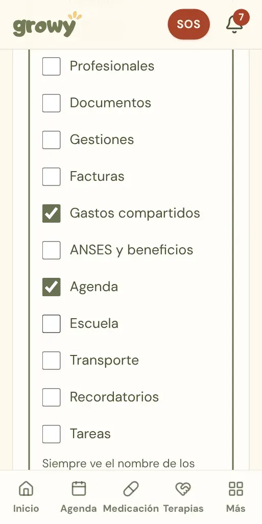 Invitación con las secciones para tildar