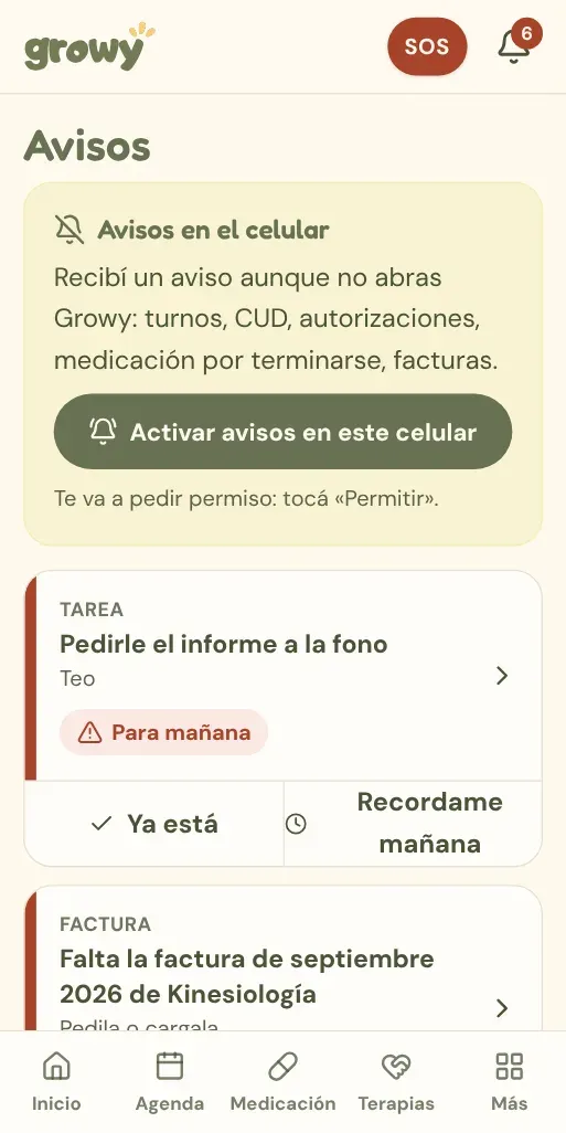 Pantalla Avisos con el botón Activar avisos en este celular
