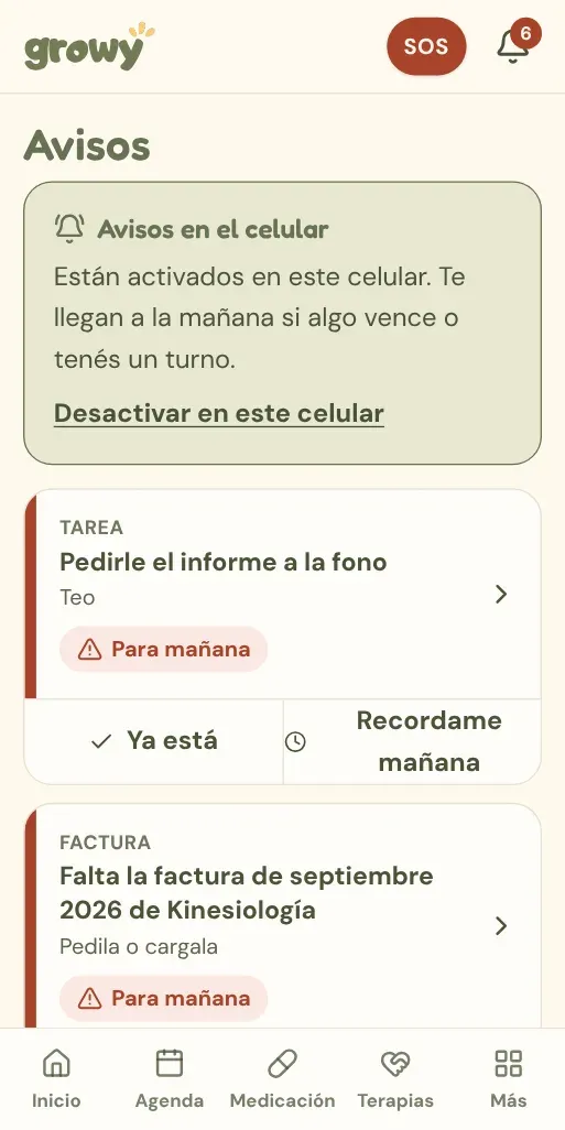 Tarjeta Avisos en el celular activada, con la opción Desactivar en este celular